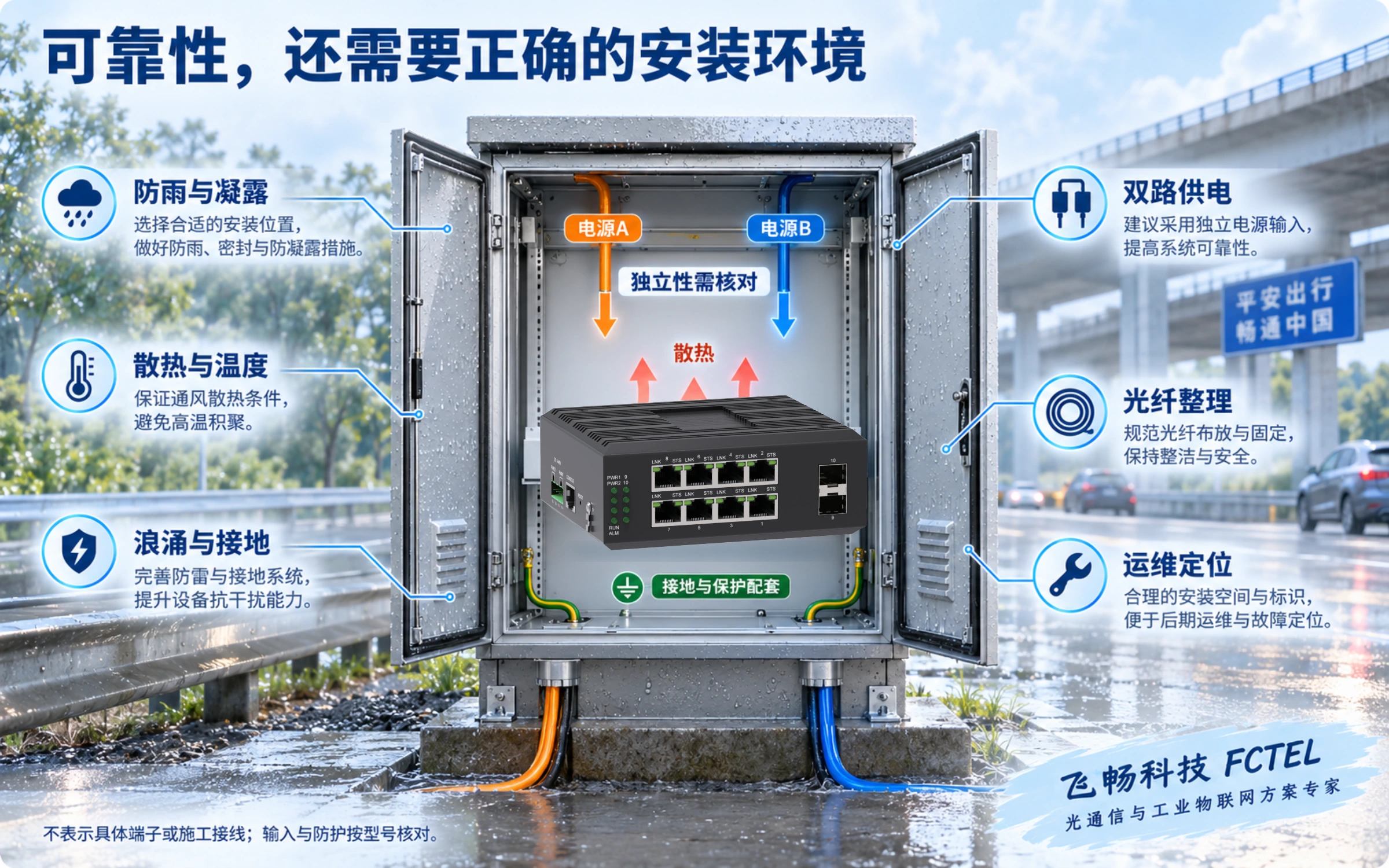 原案交换机置于路侧防护机箱教学场景，配套供电、散热、接地与线缆管理