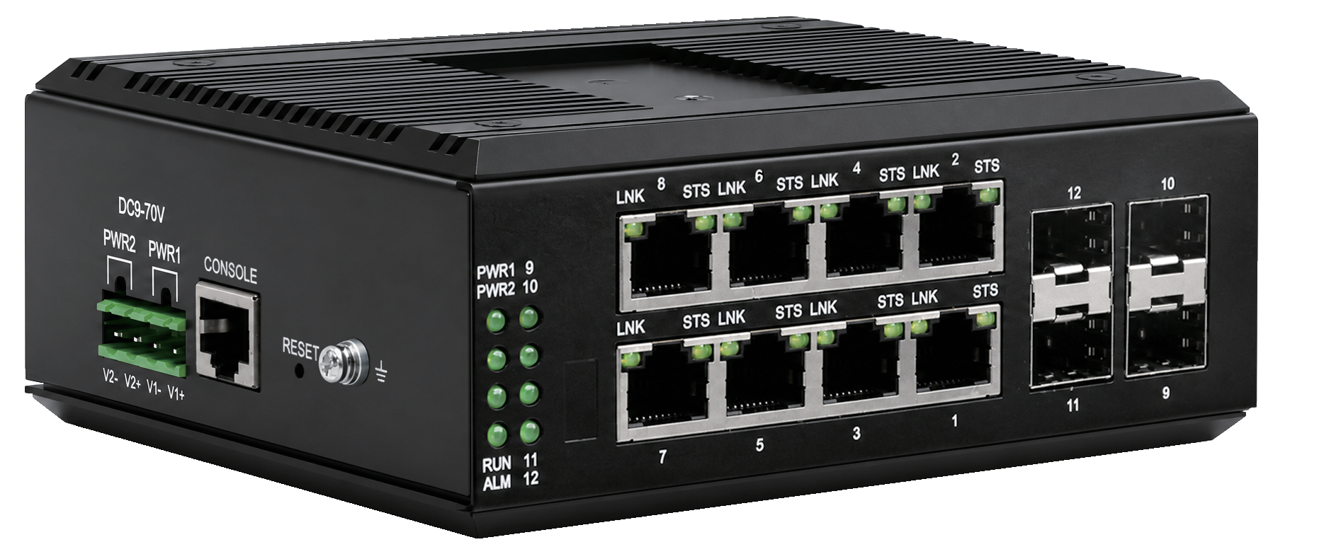 原 PDF 中标注为 FCM-8G8Q4N 的四光口工业交换机产品照片