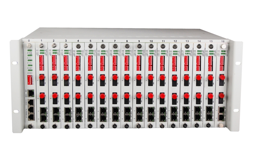 飞畅科技-4U网管型32个光方向百兆光纤收发器机框