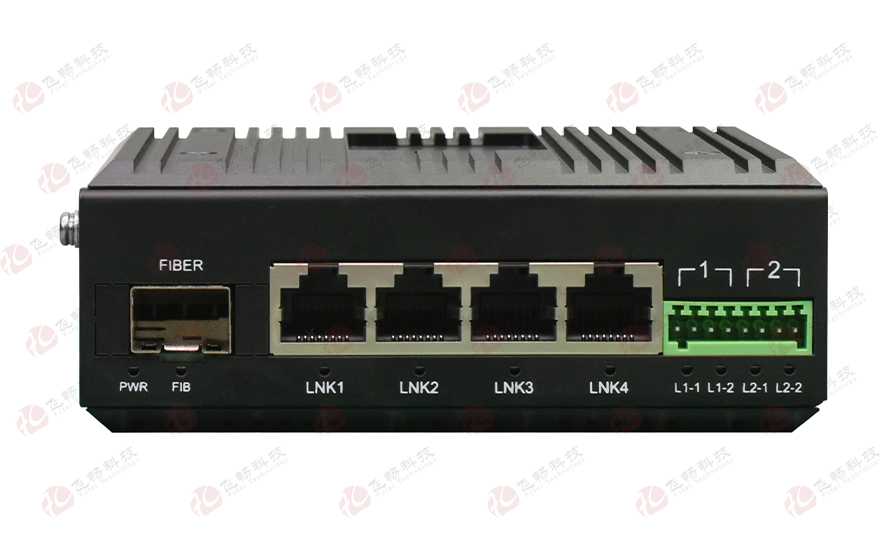 飞畅科技-工业轨式2路串口／4路开关量+4路百兆电 光端机
