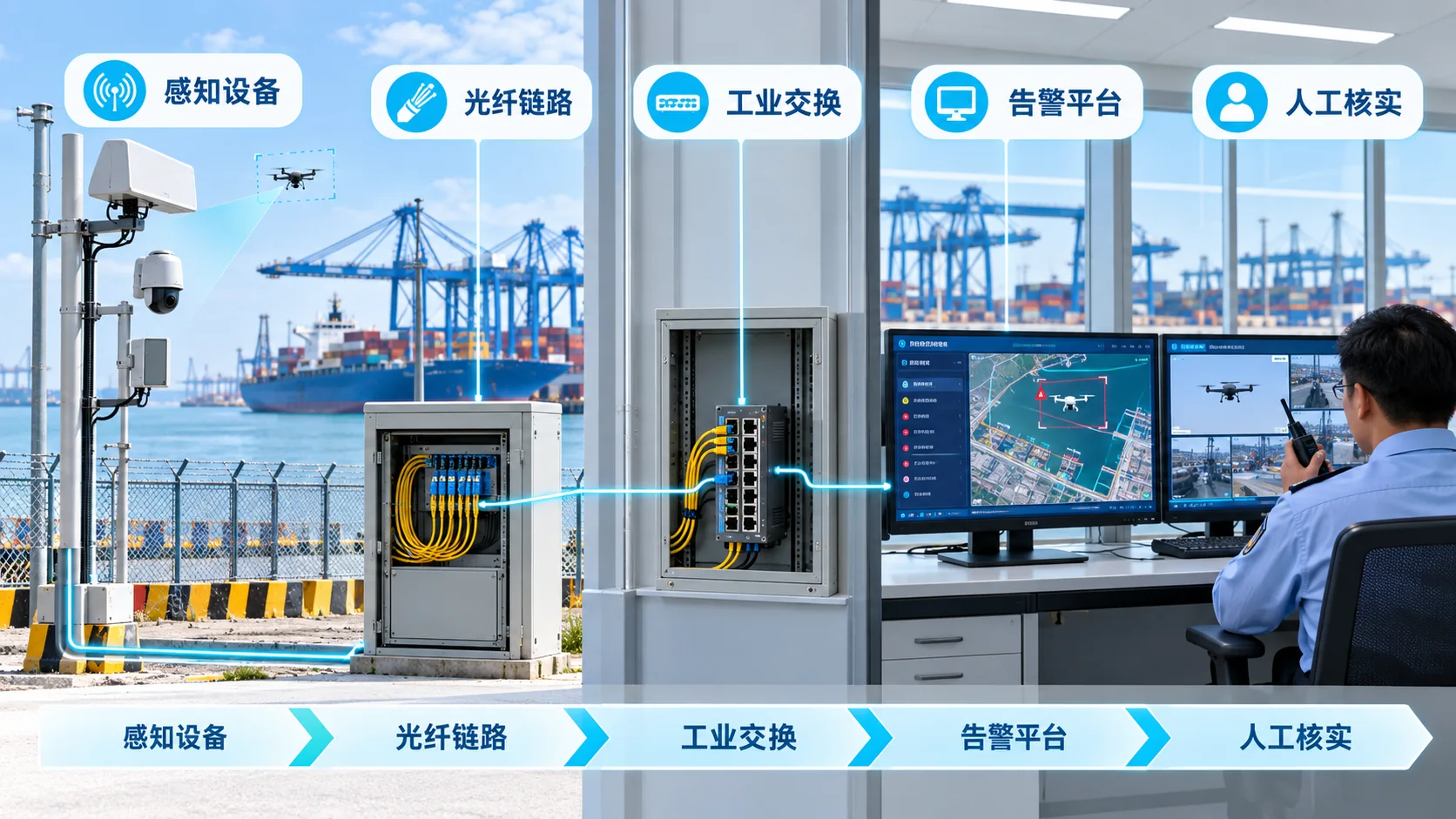 港区感知数据经工业通信链路进入告警平台的工程示意