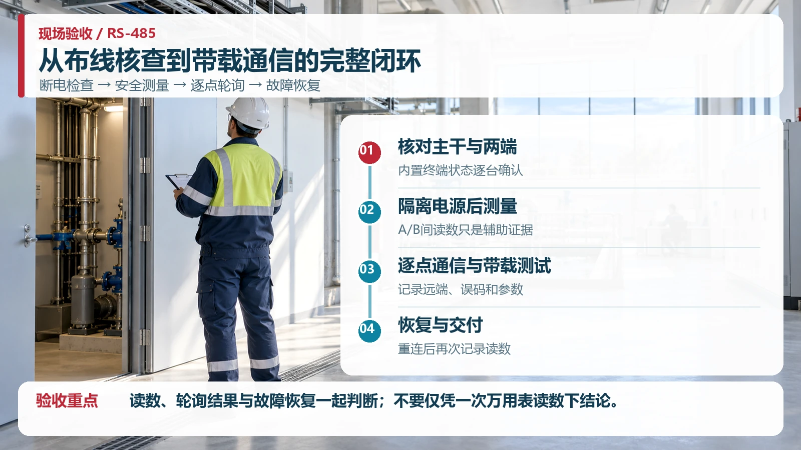 水处理现场RS485布线核查、断电测量、带载轮询和故障恢复验收