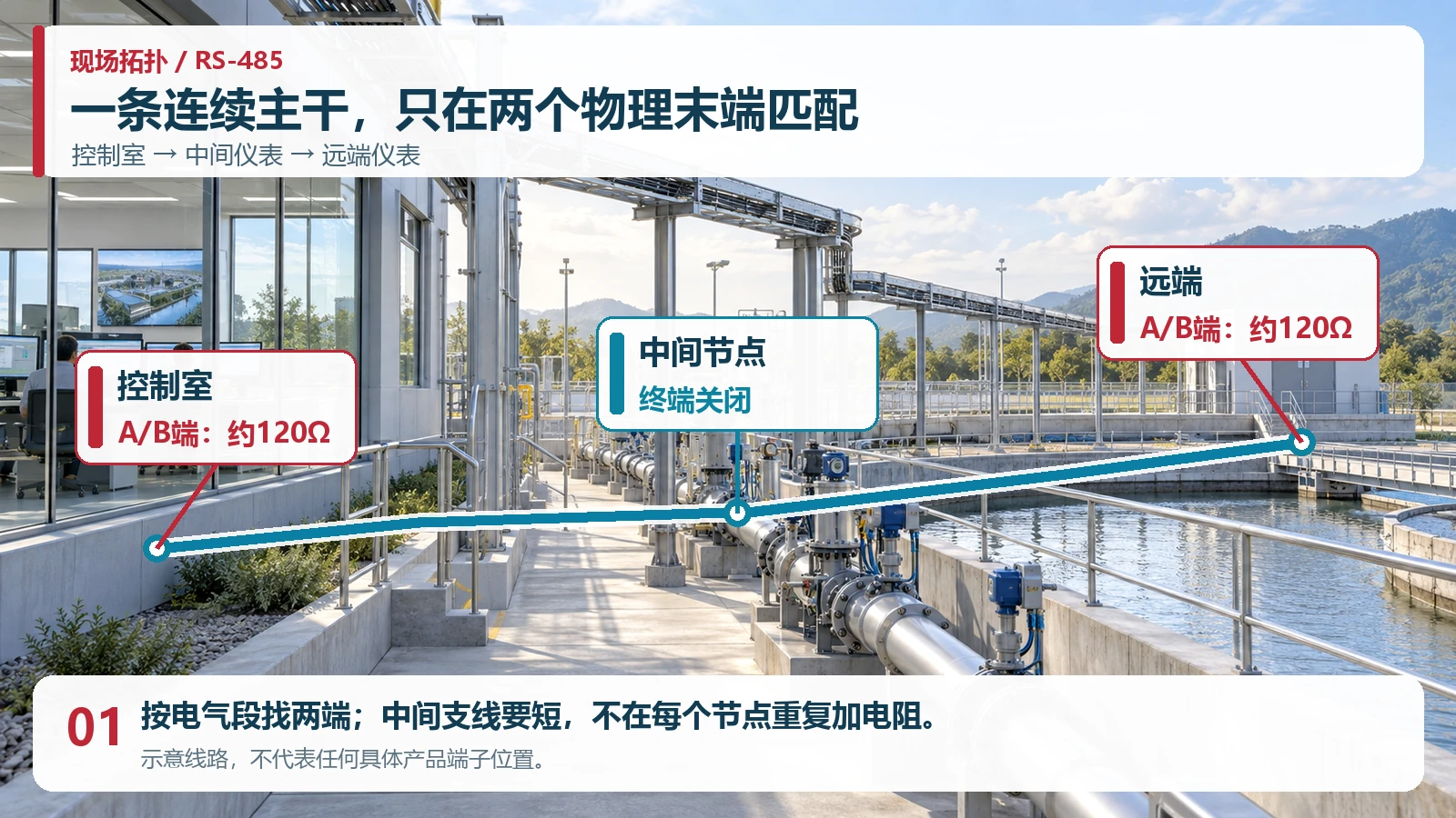 RS485总线主干两端终端电阻与中间节点接线图