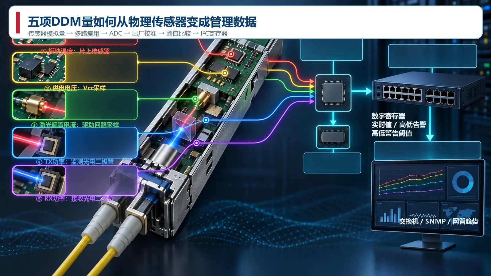 SFP DDM五项测量从物理传感器到交换机网管数据的流程图
