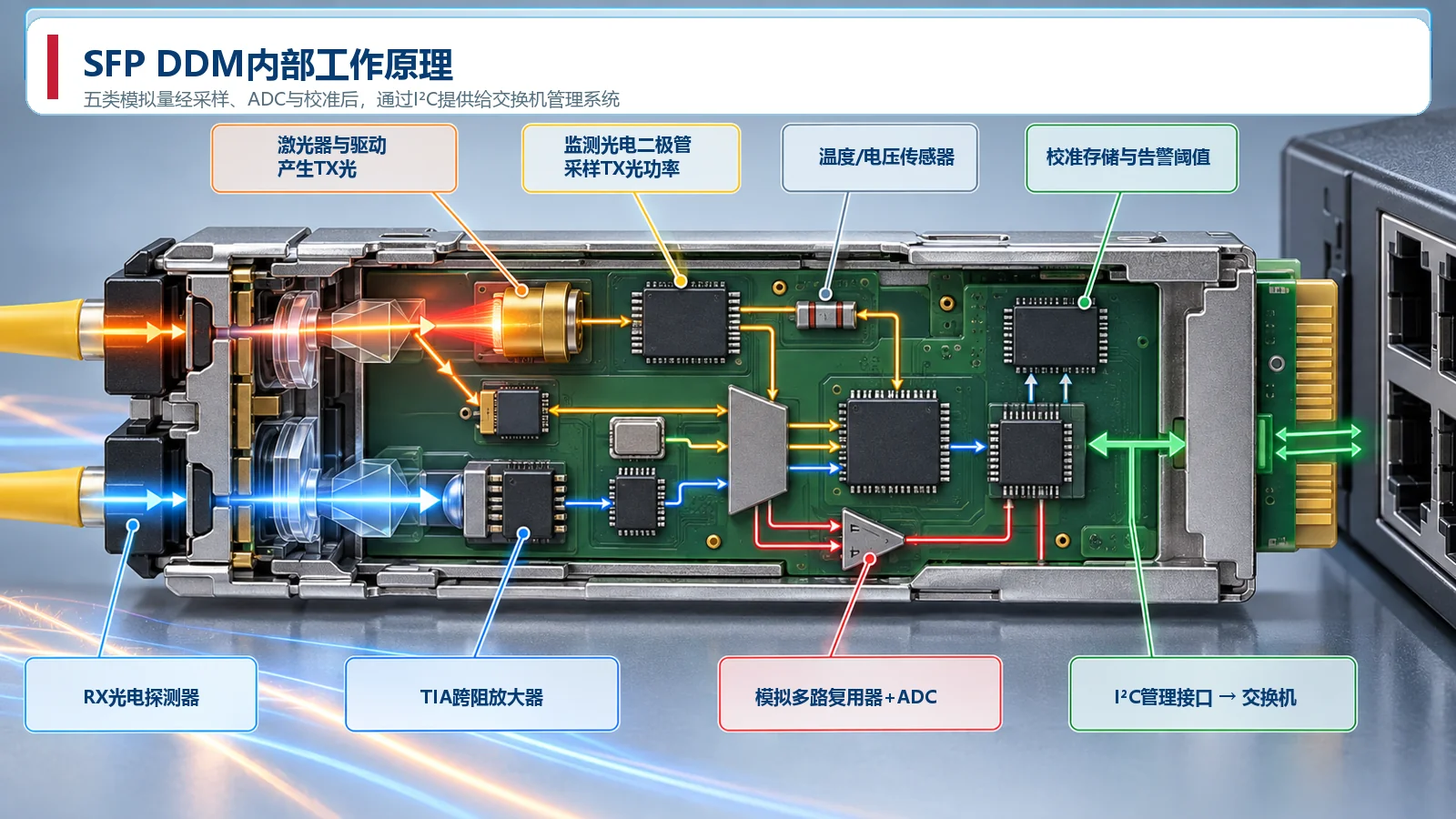 SFP光模块内部DDM传感器ADC校准与I2C管理通路原理图