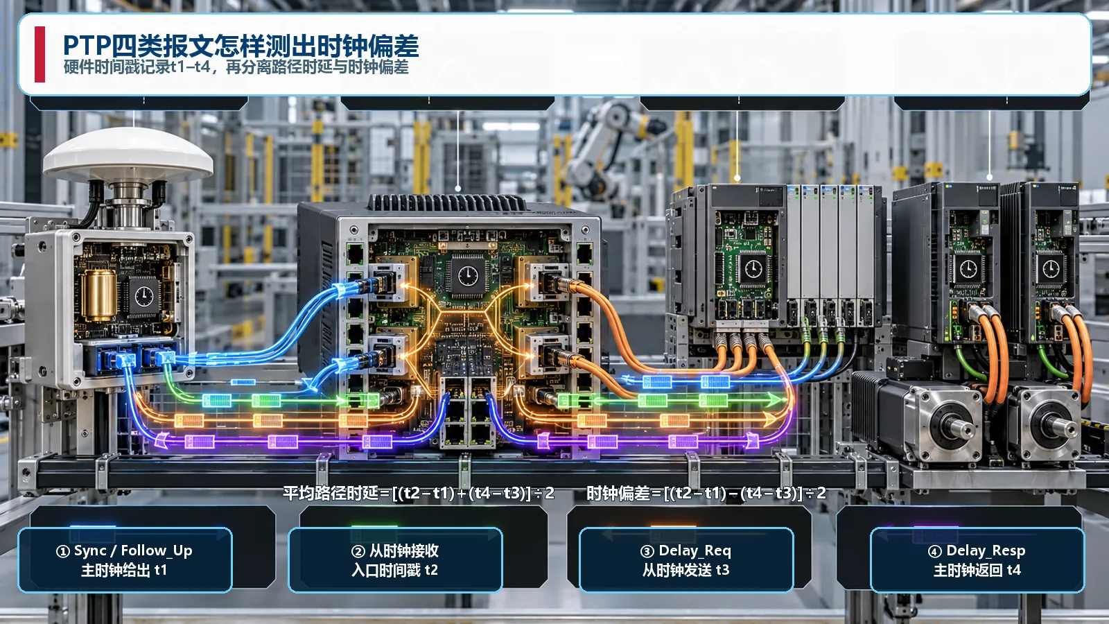 PTP Sync Follow Up Delay Req Delay Resp四类报文与t1到t4时间戳计算图
