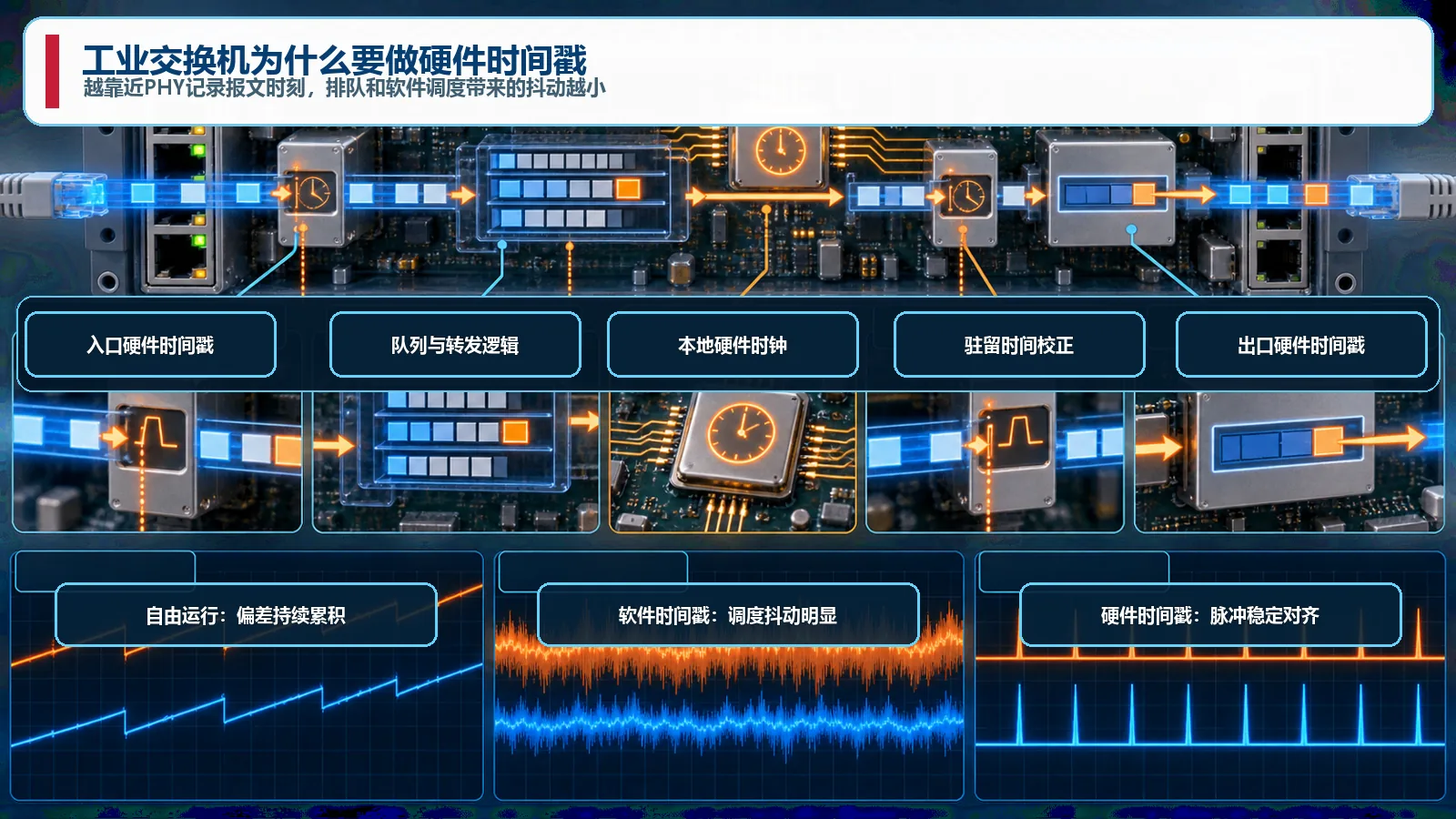 工业交换机入口出口硬件时间戳驻留时间和软件抖动对比图