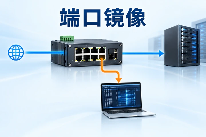 浅色背景下工业交换机正常业务线路与抓包镜像分支
