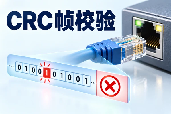 浅色背景下工业以太网接口与CRC帧校验示意