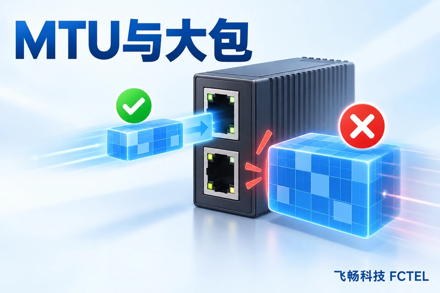 浅色工业交换机与大小报文示意，主题为MTU与大包失败