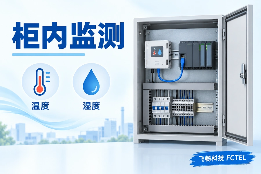 浅色控制柜监测小图，柜内环境监测模块通过工业网络连接PLC