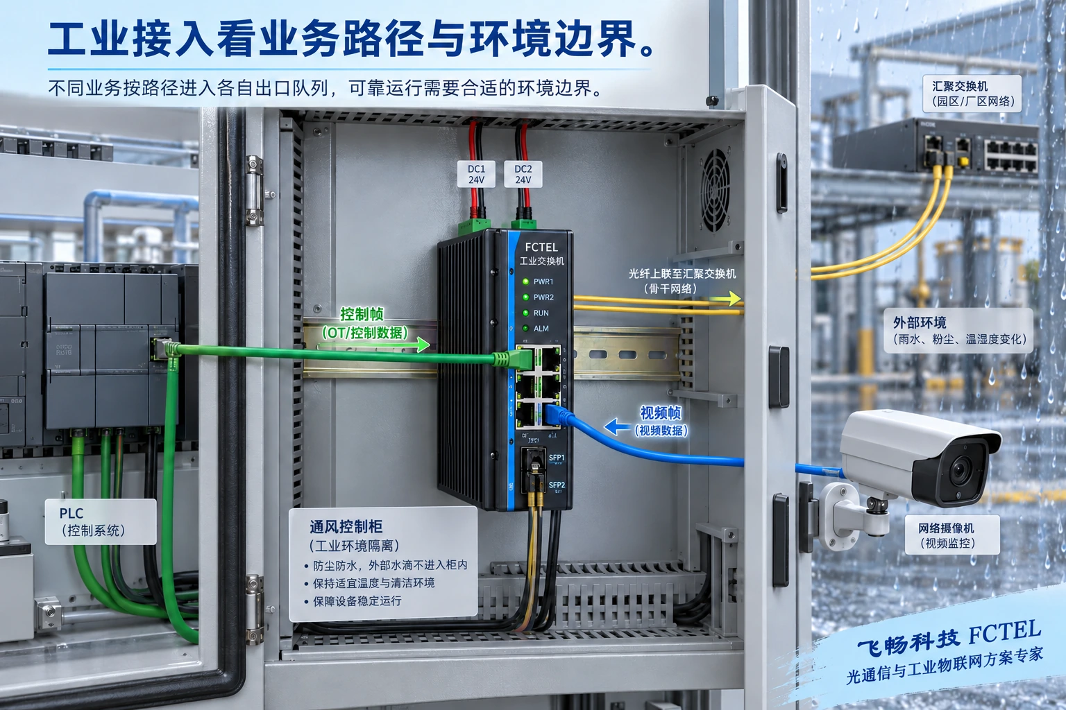 图2：工业控制和视频进入交换机后，经各自出口转发。24V仅为供电示例；柜体剖视用于解释安装环境，不表示开柜淋雨可运行。