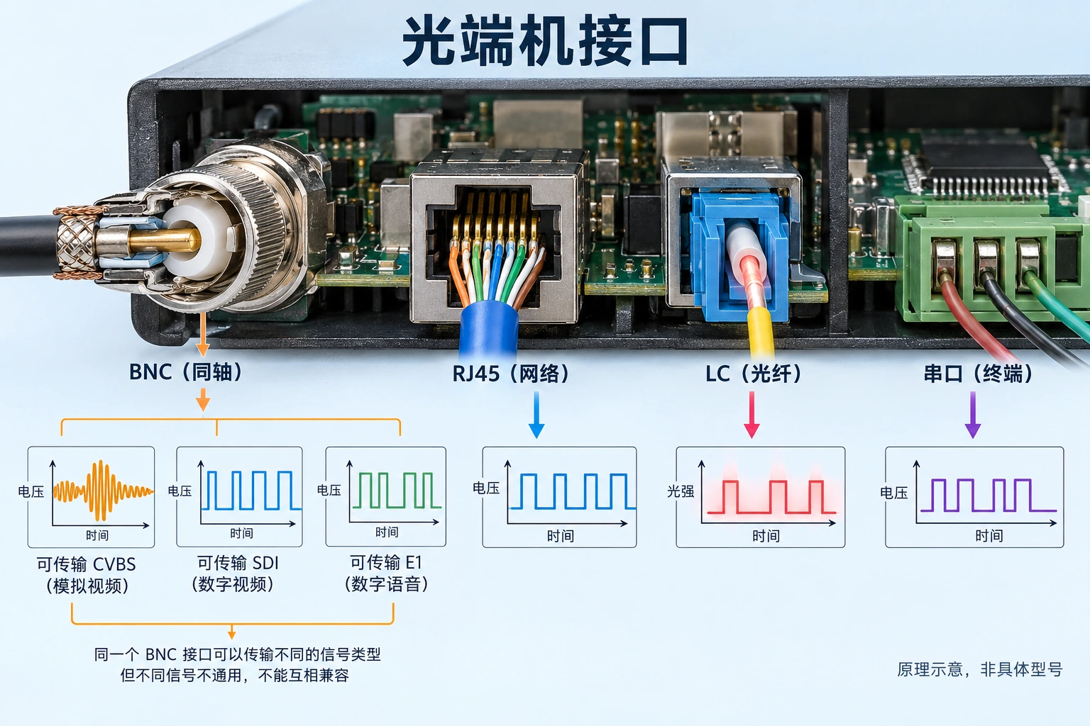 连接器相同不代表电气与业务相同，BNC、RJ45和光接口须核对完整定义。