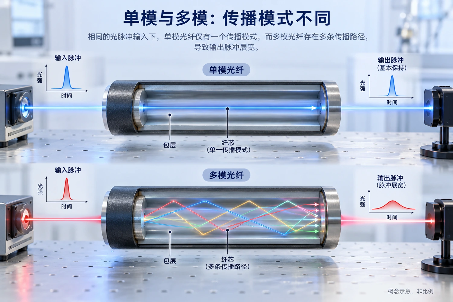 传播模式和脉冲展宽解释了单模与多模的差异;图为概念示意,不按实际尺寸比例绘制。