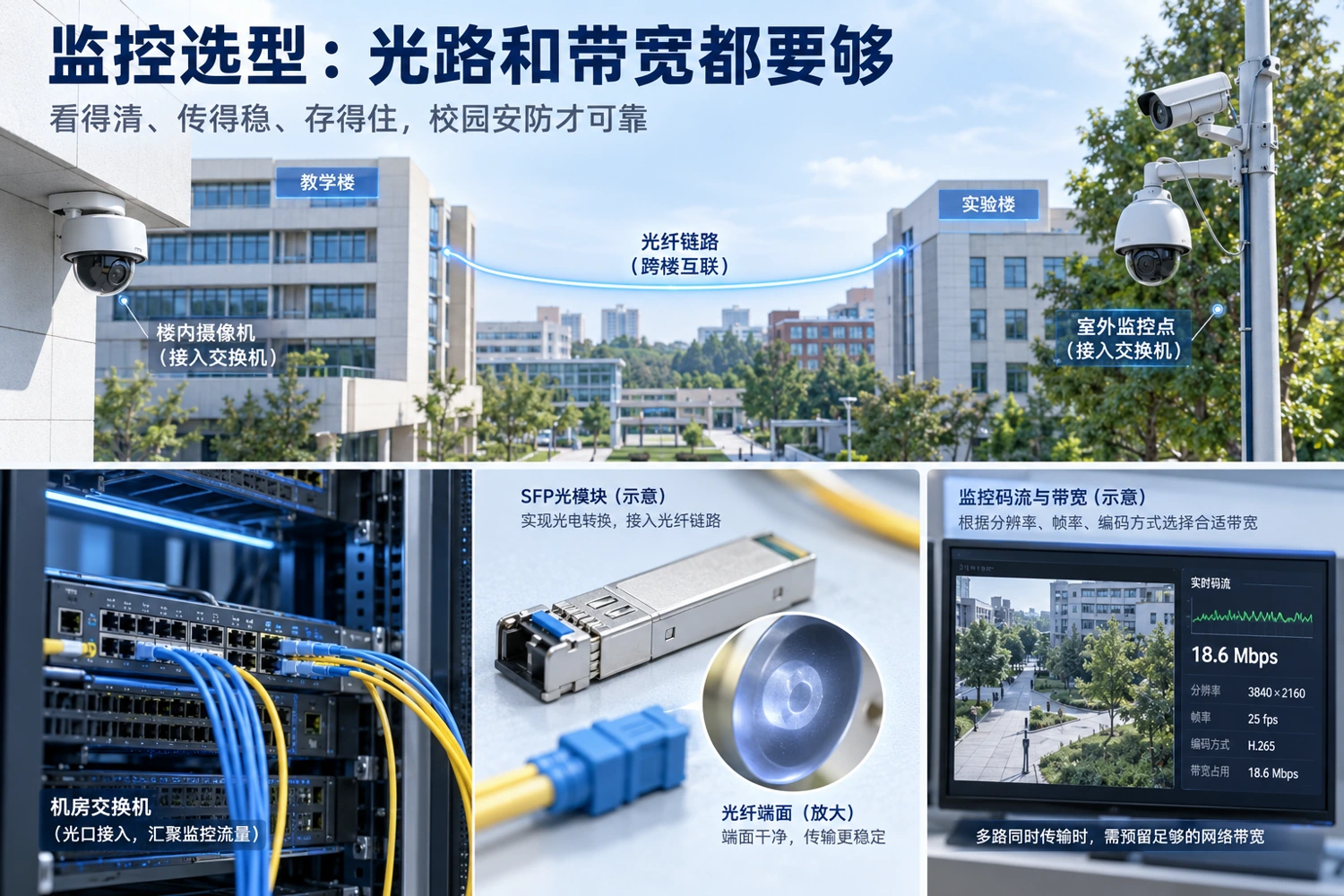 楼内与跨楼监控应同时核对光纤、光模块和汇聚码流;“光通”和“带宽够”是两项验收。