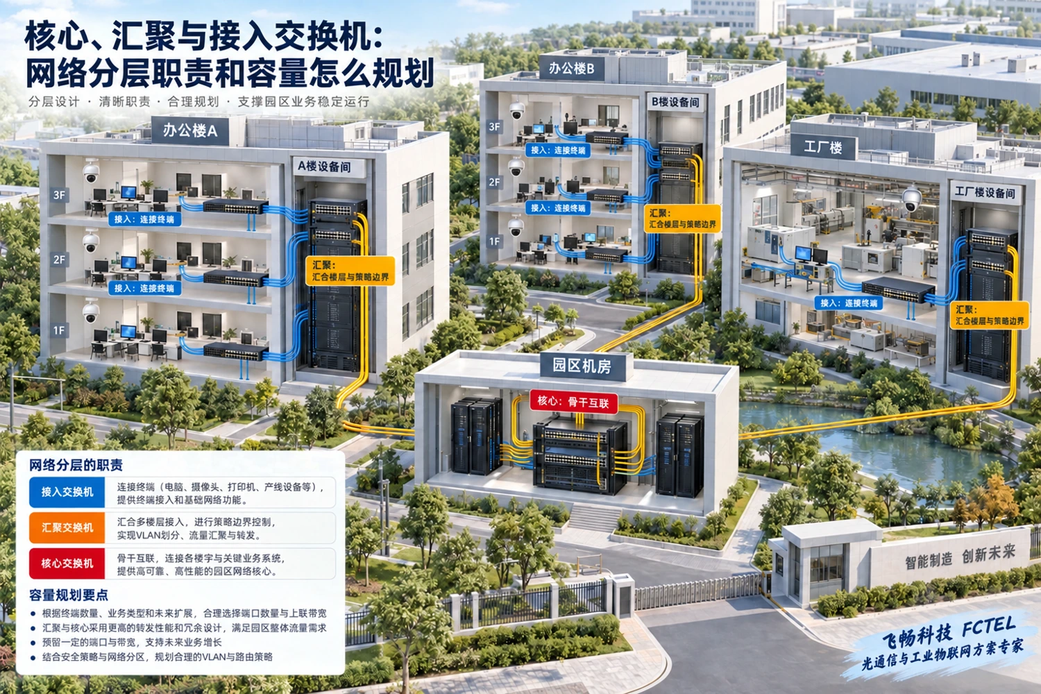 园区中的接入、汇聚与核心职责示意：层次来自连接关系和服务边界，而非设备外观。