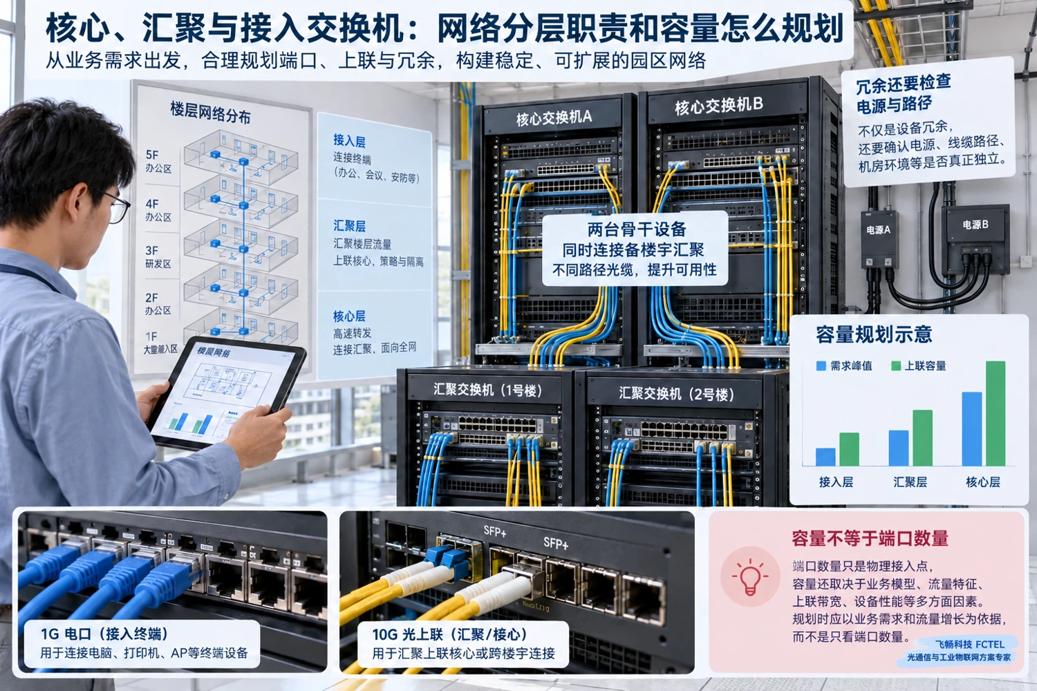 容量与冗余规划现场：检查汇合后的负载、上联端口、设备与电源路径，不能只数接口。