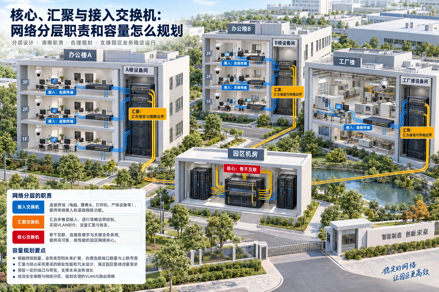 园区中的接入、汇聚与核心职责示意：层次来自连接关系和服务边界，而非设备外观。