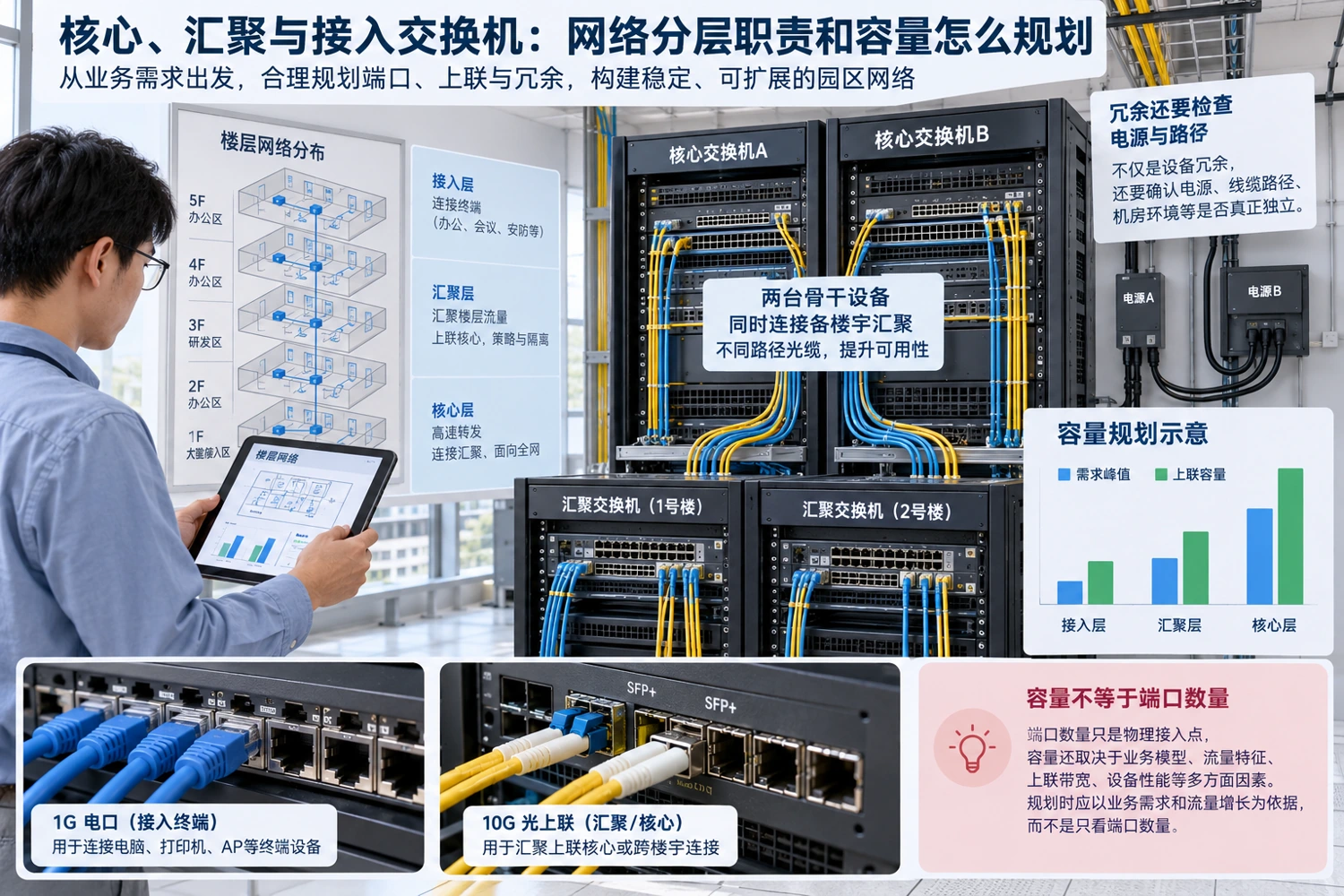 容量与冗余规划现场：检查汇合后的负载、上联端口、设备与电源路径，不能只数接口。