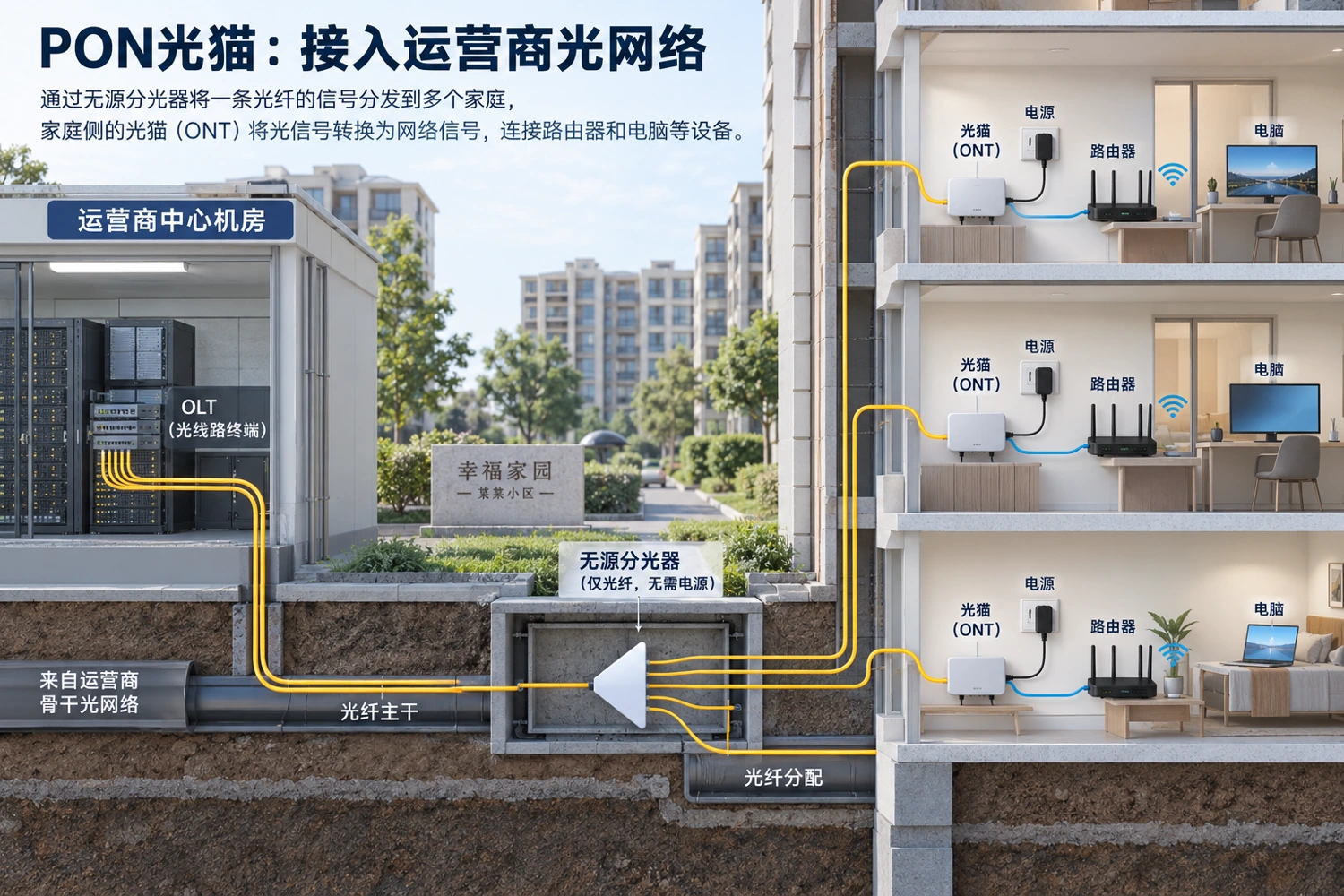PON终端处于运营商光接入体系中;无源分光器分配光路,用户侧终端仍需独立供电。