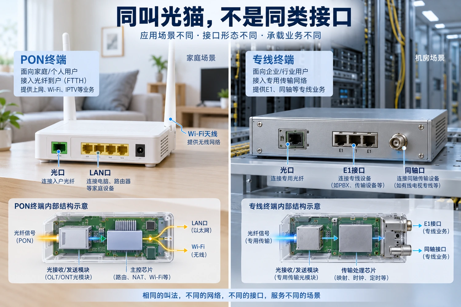 PON家庭终端与专线光终端按不同网络和接口工作;名称相似不代表可直接互换。