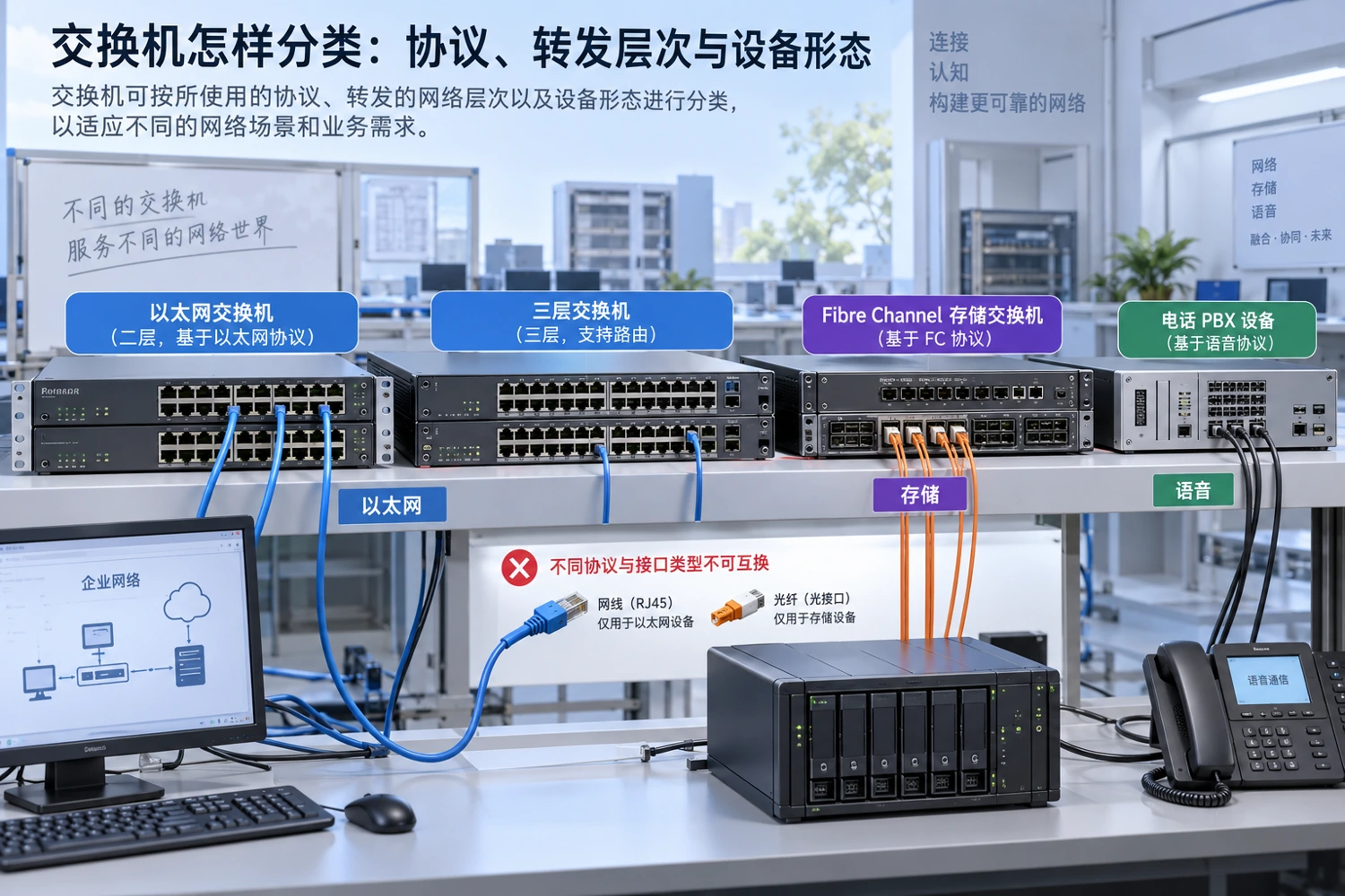 以太网、存储网络和语音交换属于不同用途，外观或光接口不能替代协议确认。