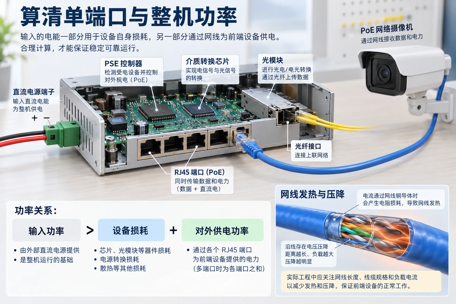 光电转换与PoE供电各有消耗和限制；功率核算应覆盖收发器、链路损耗与终端峰值需求。