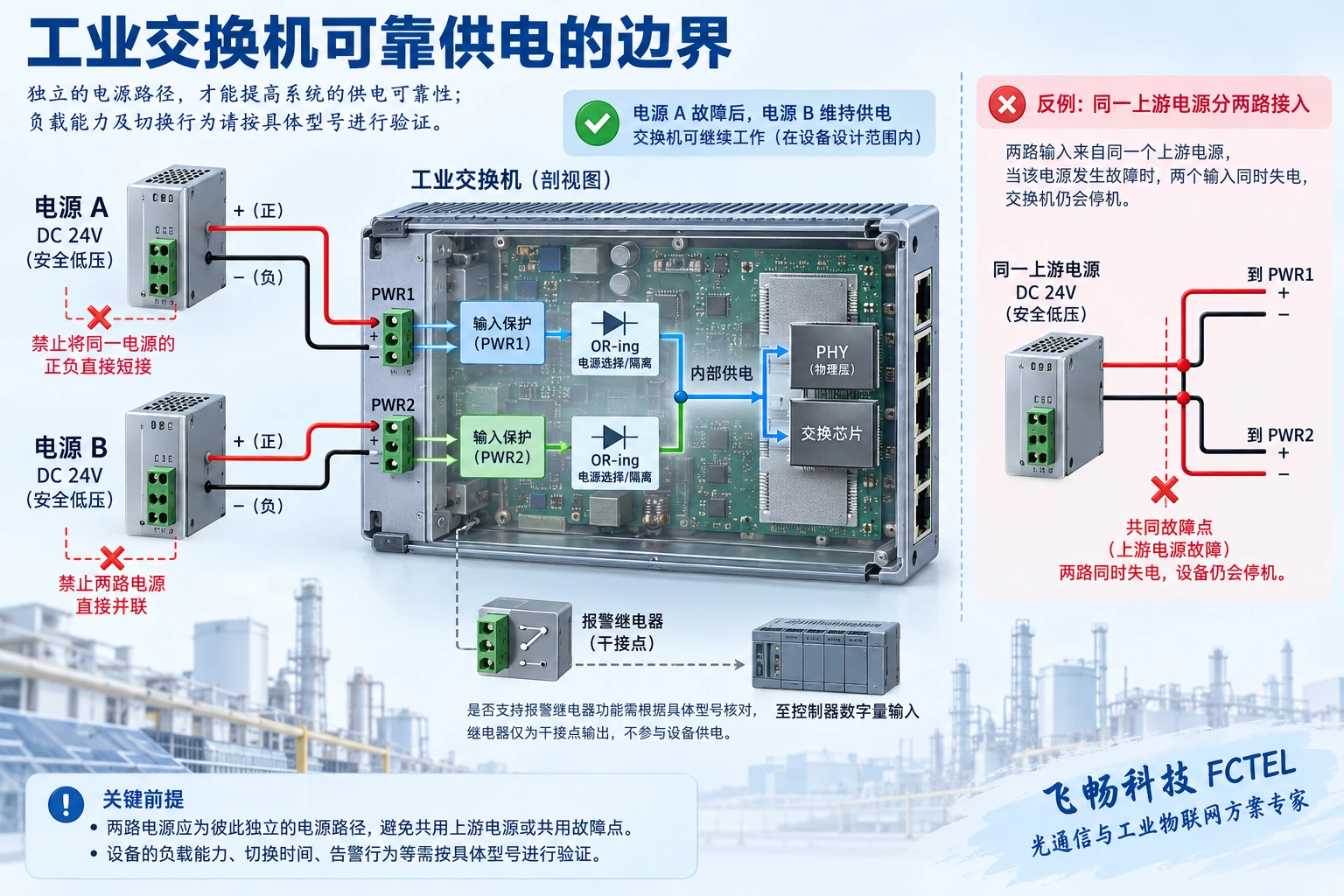 两条独立低压电源通过交换机各自输入保护和电源隔离供内部电路，对比同一上游电源分两路的共同故障风险