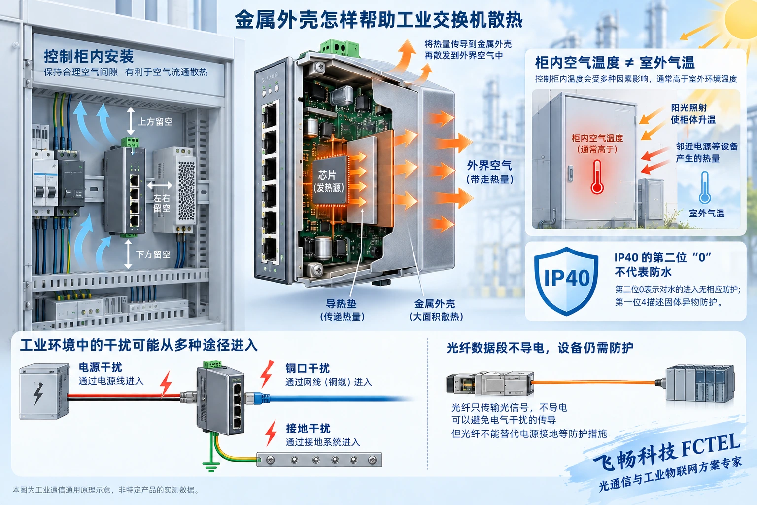 交换芯片的热量经导热垫传到金属外壳和空气，并展示控制柜升温及电源铜口可能引入的干扰路径
