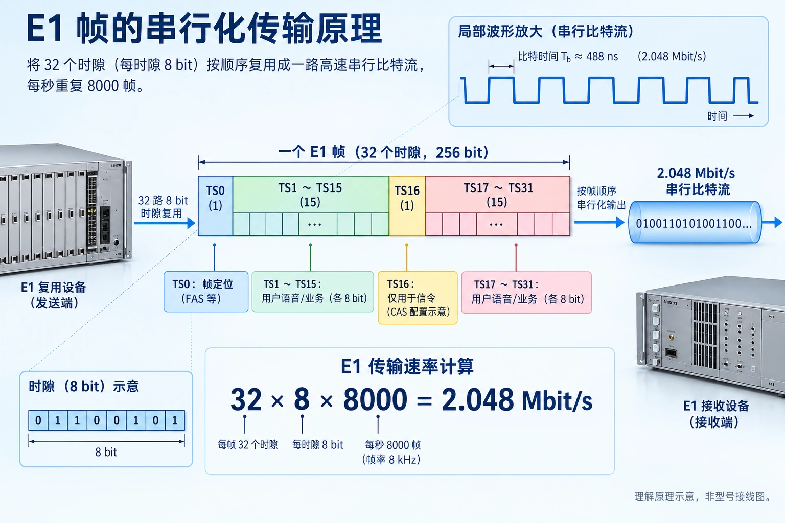 成帧E1每帧32个8位时隙,每秒8000帧;TS16作信令仅对应相应随路信令配置。