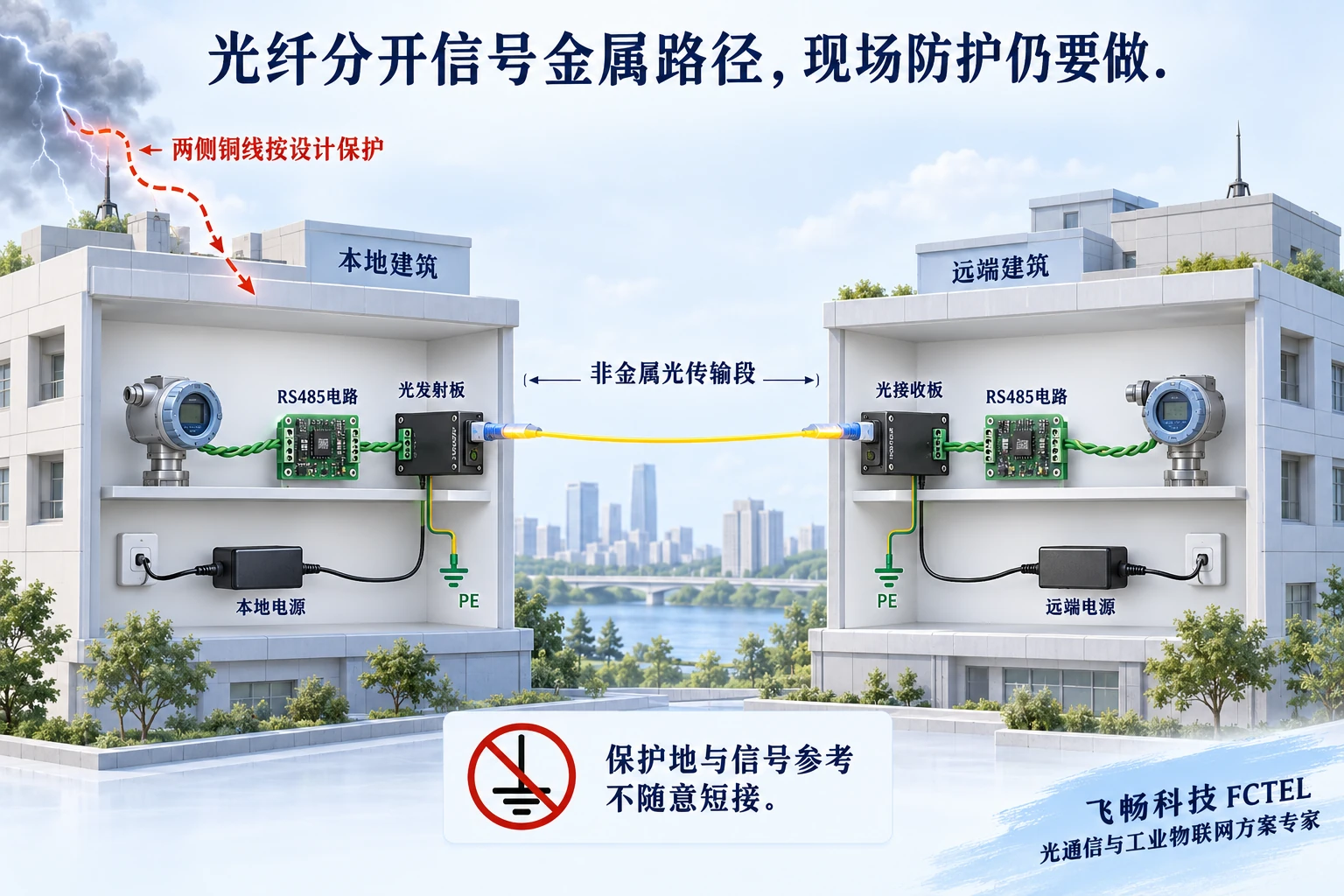光纤非金属传输段与两侧电源铜线保护
