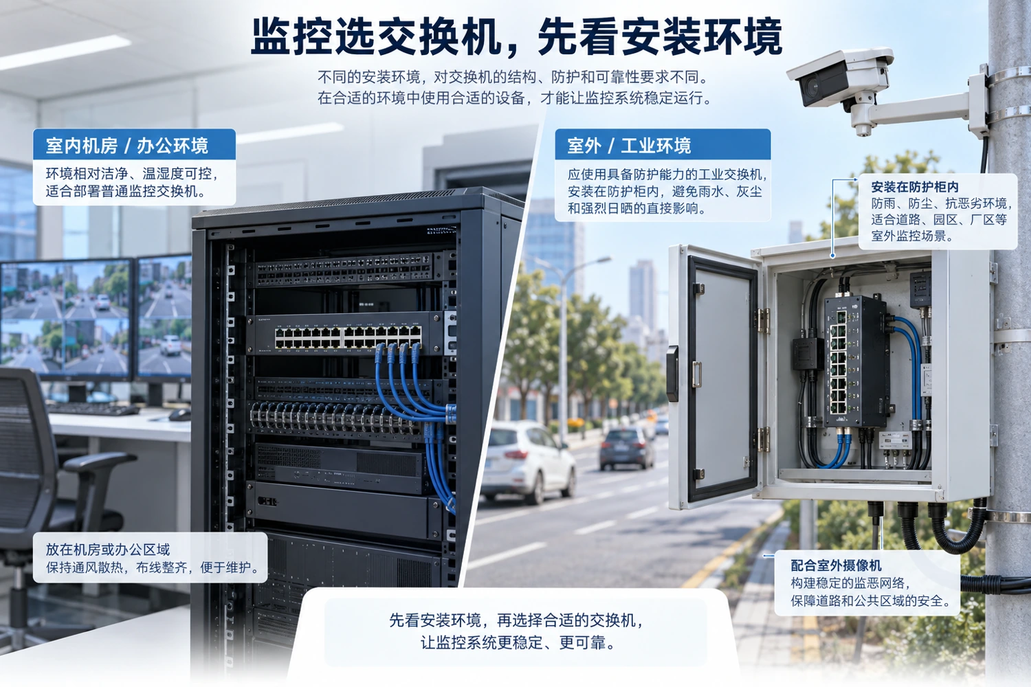 室内网络与室外防护柜的条件不同,应按真实安装环境选择;工业设备不等于可以直接暴露在雨中。