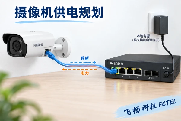 摄像机经兼容PoE交换机获得数据与电能，交换机本地电源独立核对