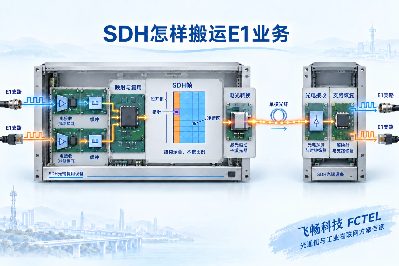 E1支路适配、业务映射、SDH帧组织和远端光电恢复的设备剖视示意