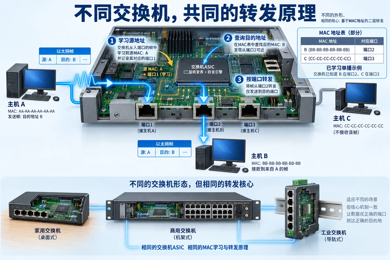 以已经学习目的MAC地址的单播为例,A的帧送到B,而不是复制给C;广播和未知单播的处理另有规则。