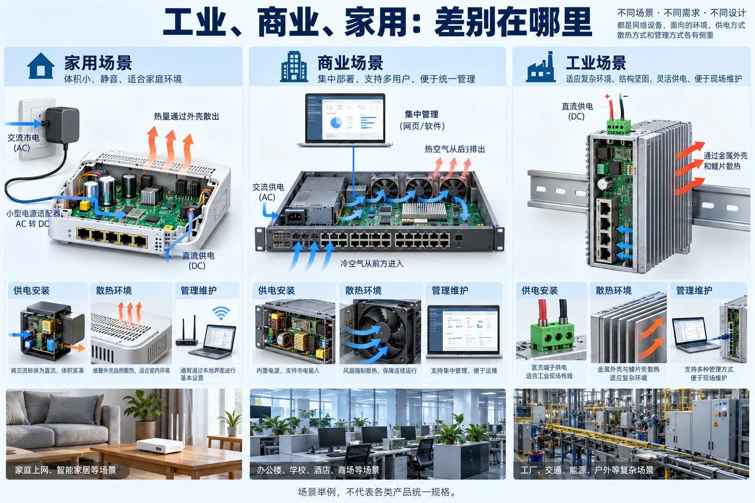 图为典型场景与结构举例,不代表所有家用、商业或工业产品统一规格,也不表示工业产品一定更快。