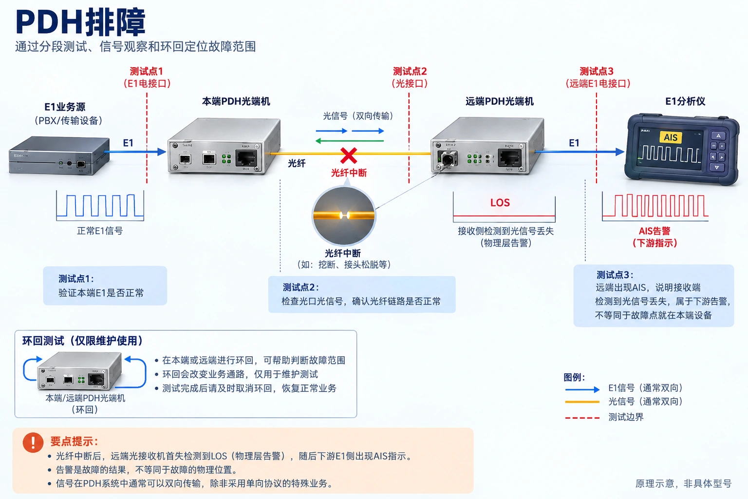 E1、光段与远端业务分别验证,告警提供线索而非唯一根因结论。
