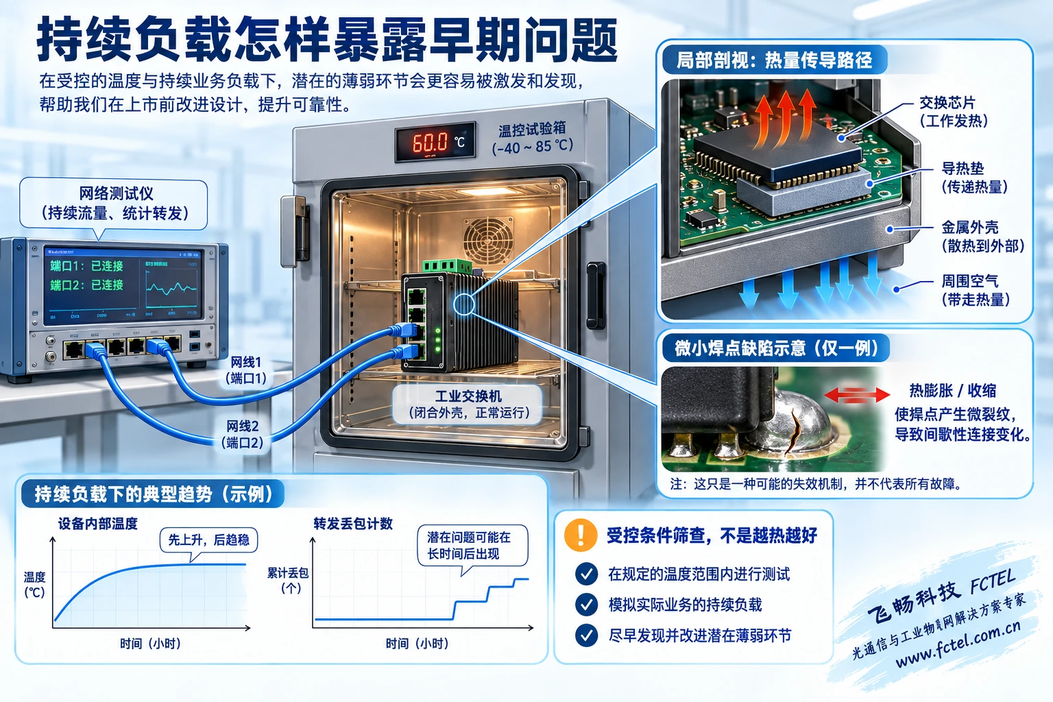 工业交换机在受控温箱内转发测试流量,芯片经导热垫与金属外壳散热,局部焊点受热变化的原理示意