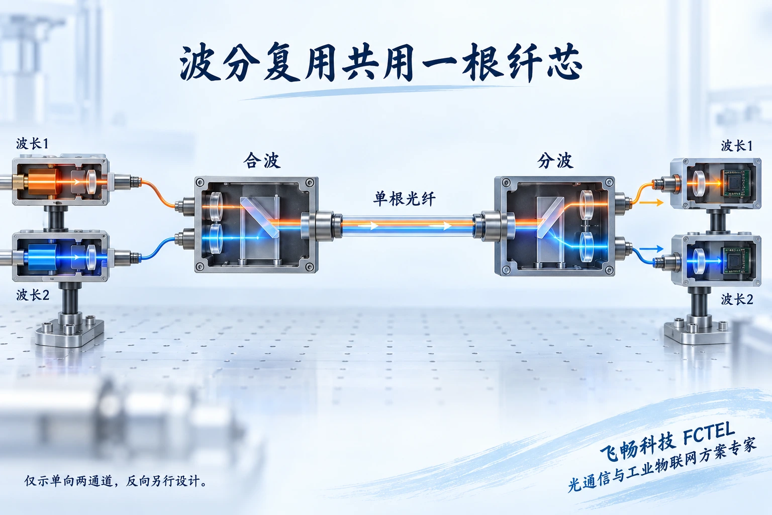 两种波长经过光学合波器共用单根纤芯，再由分波器送到各自光接收端