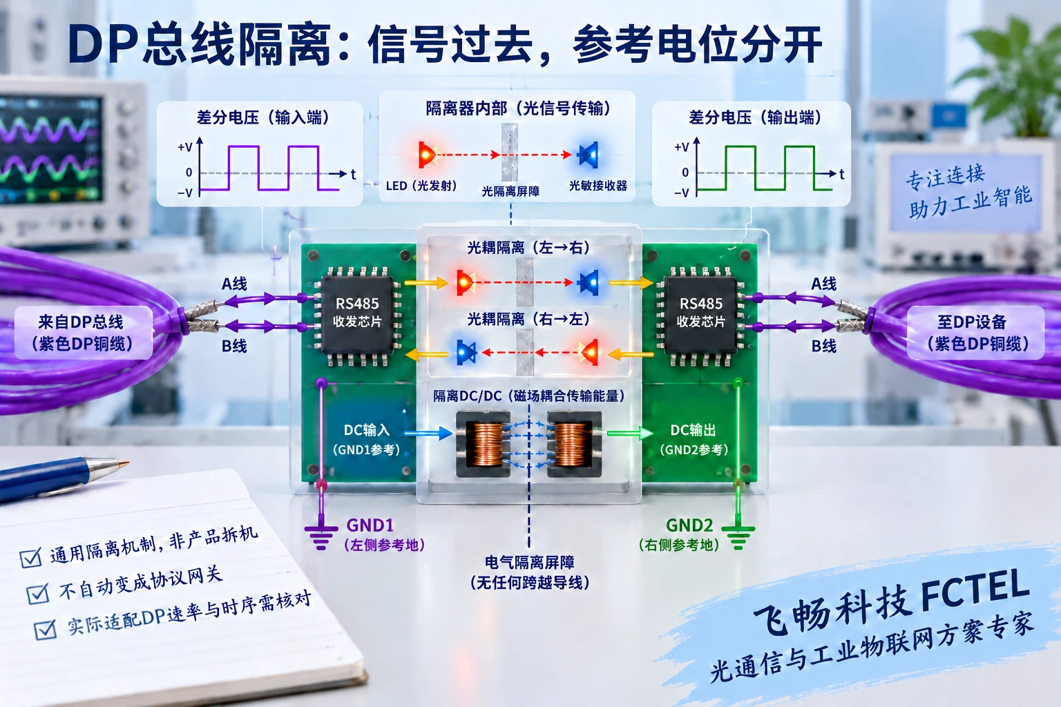 差分收发器经信号隔离和隔离电源跨越屏障的通用机制