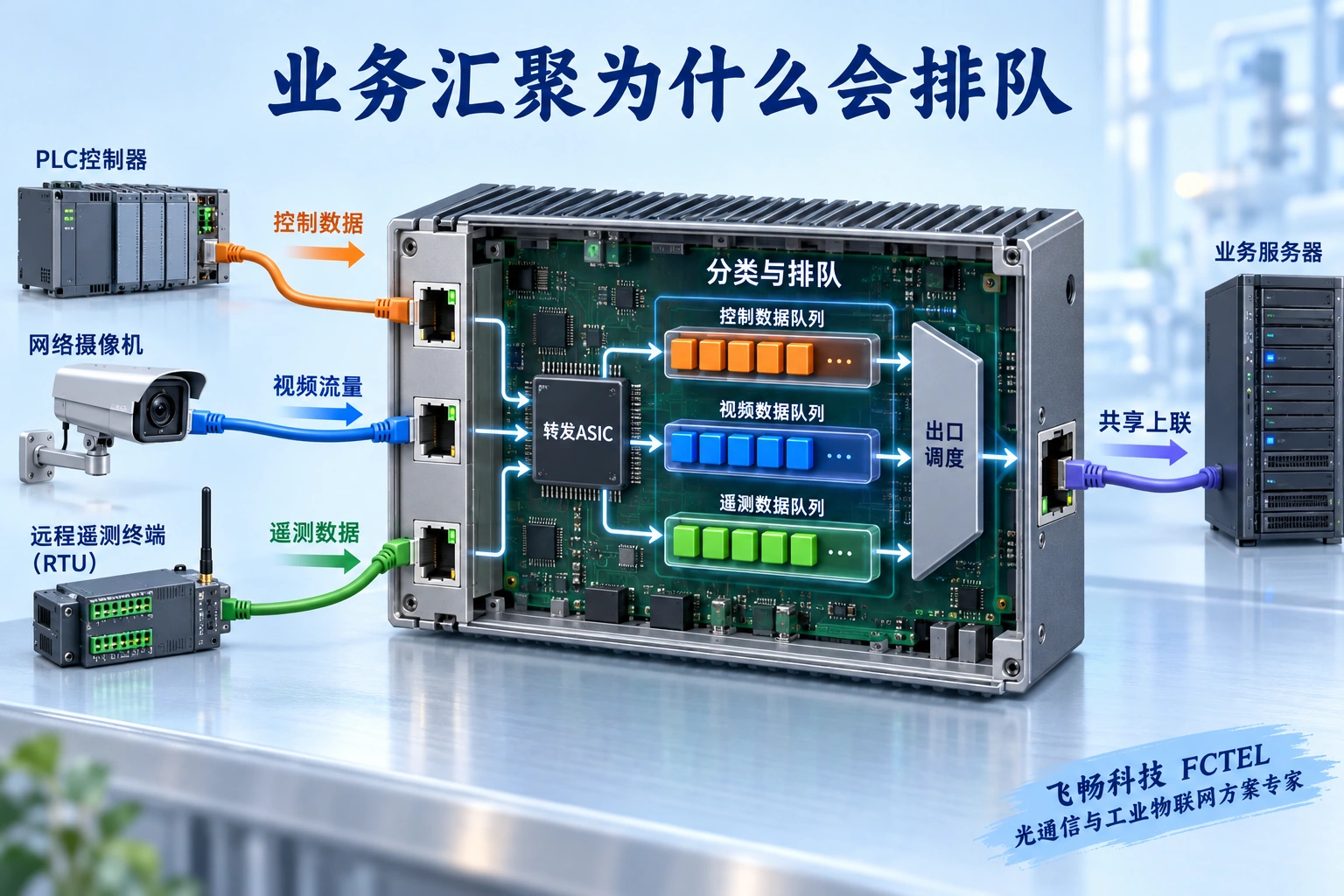 控制、视频和遥测帧进入工业交换机不同发送队列，经过调度竞争同一上联出口