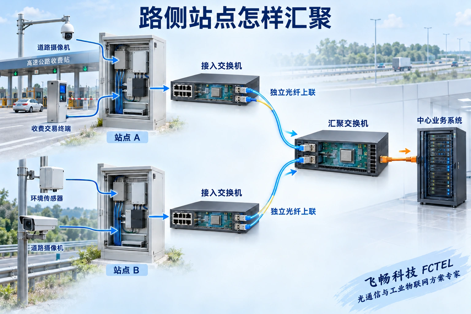 两个路侧站点的终端经接入交换机与光纤分别到达汇聚交换机，再交给中心业务服务器