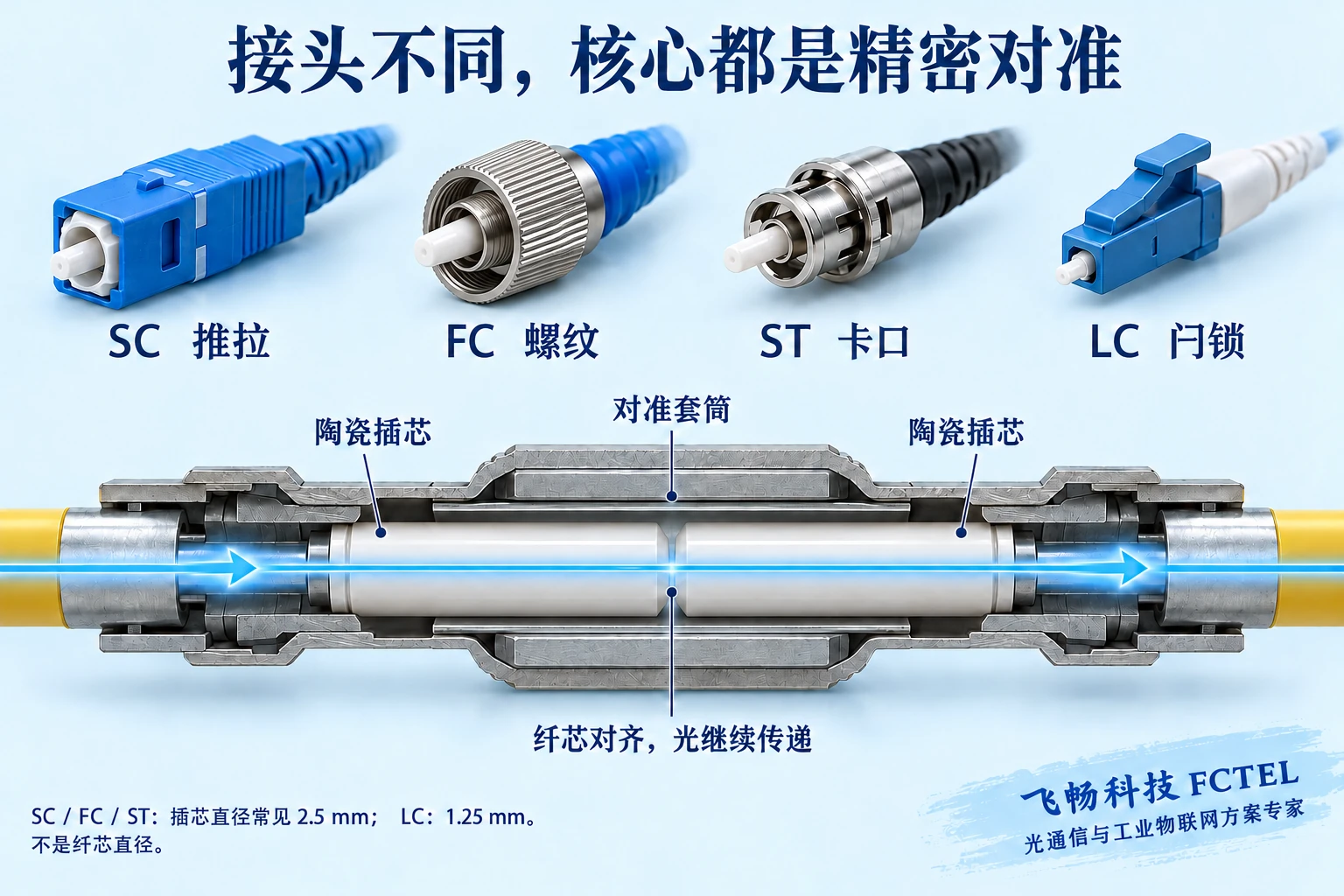 SC推拉、FC螺纹、ST卡口和LC闩锁及插芯与套筒对准光纤的剖视示意