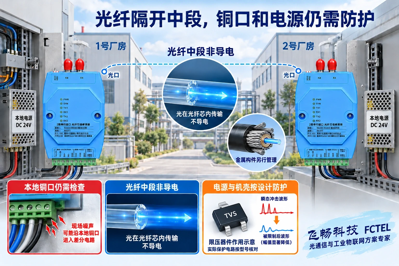 光纤隔开中段导电通路但铜口和电源仍需保护