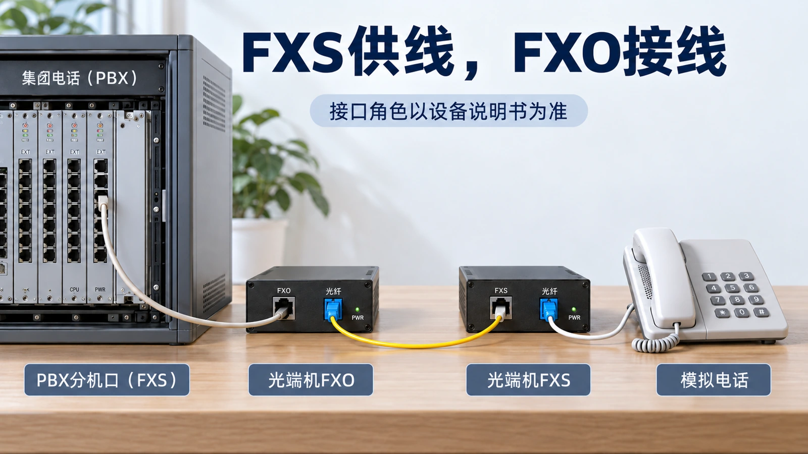 典型模拟分机延伸：PBX的FXS口接FXO光端机，远端FXS光端机接模拟电话。示意不适用于所有专用数字话机。