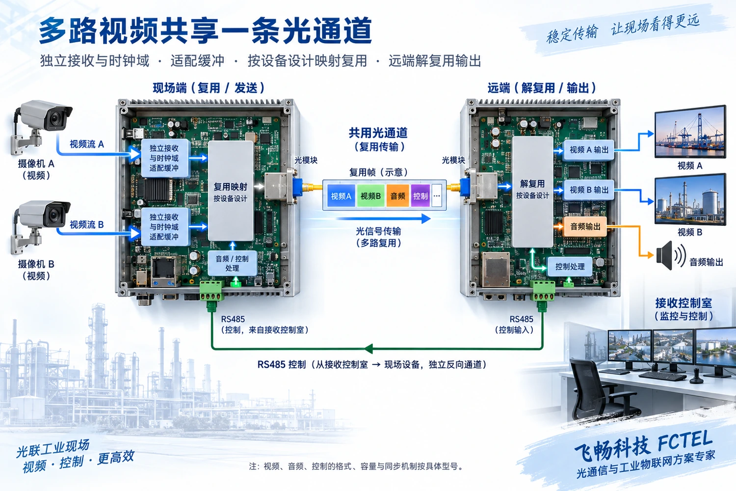 多个视频接收时钟域经适配与复用后共同运输并分别恢复以及反向控制通道