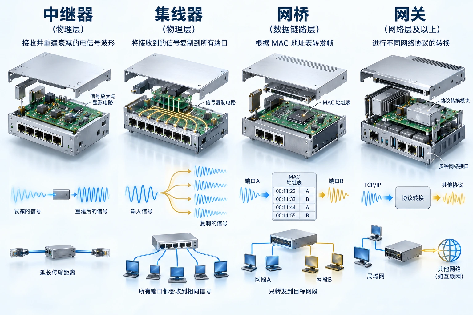 不同设备处理不同层次:物理信号、二层帧或特定协议,功能可能组合但不能混淆。