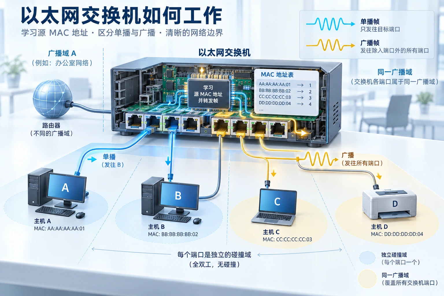 交换机的地址学习与广播传播受转发规则及VLAN配置影响。