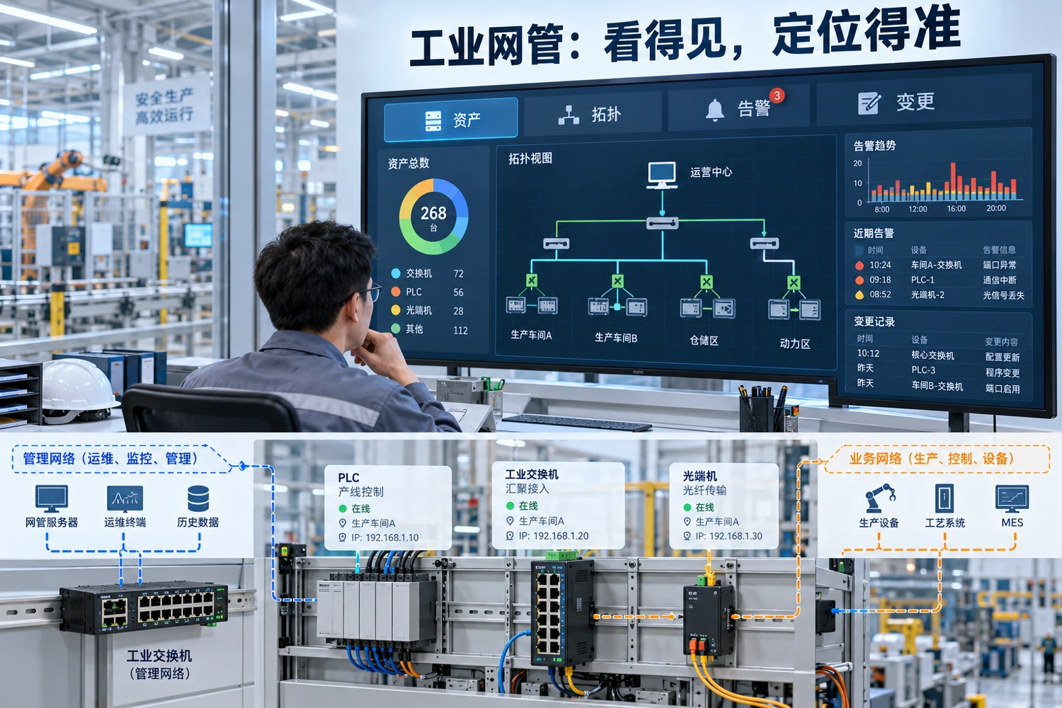 资产、位置与拓扑需要互相核验;图中数据为示意,不是客户网络的真实运行记录。