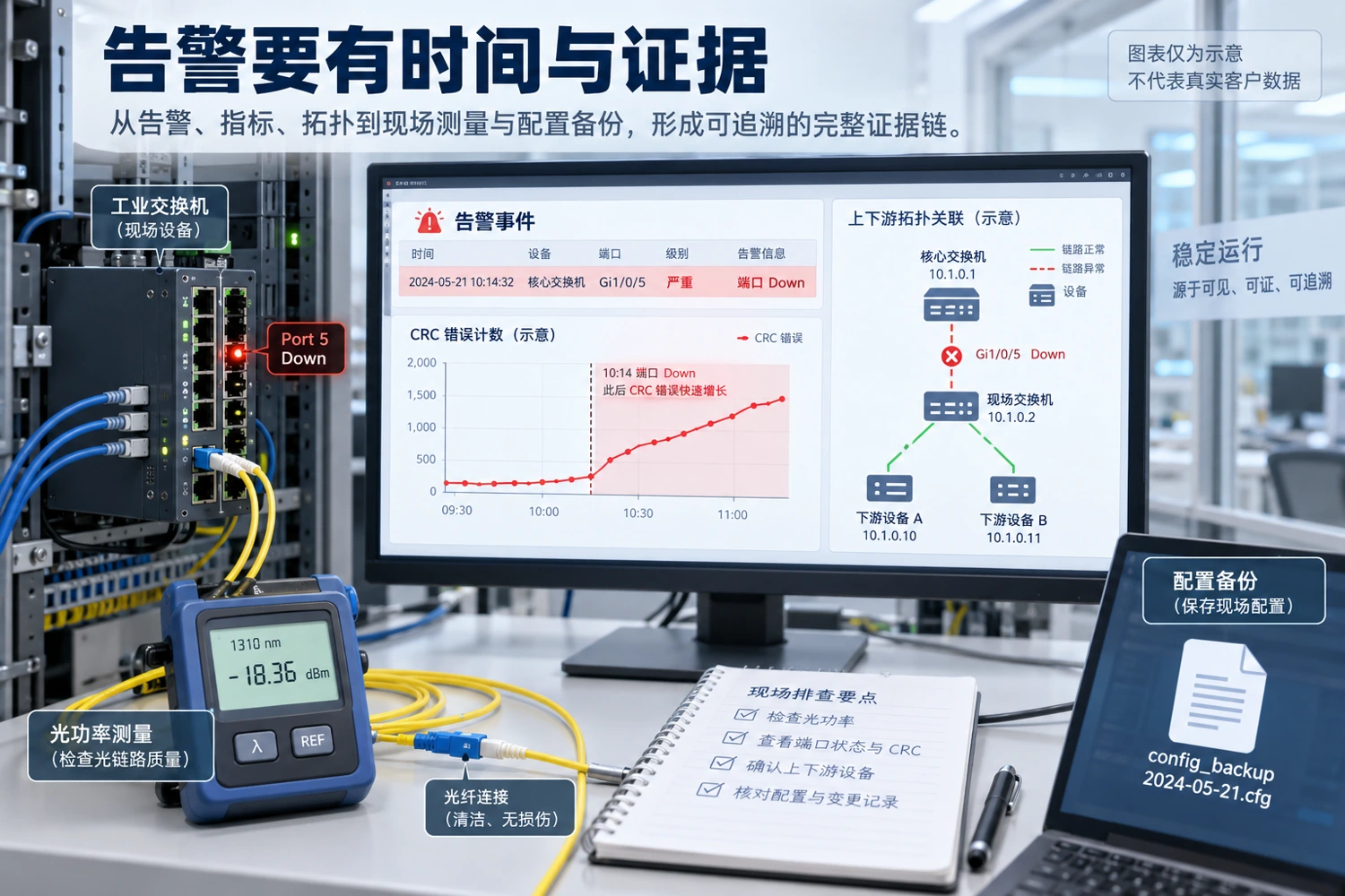 告警需要时间、端口与趋势证据;上下游关联帮助缩小范围,但最终原因应通过测试确认。
